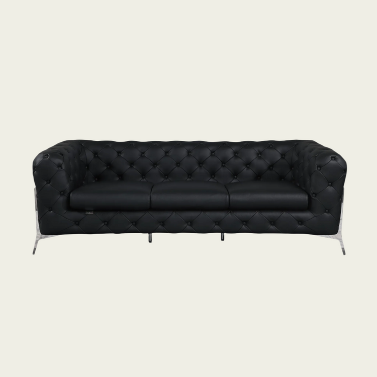  93" Authentic Italian Black Leather Sofa | Chesterfield Design | Deep Button Tufting | Low Profile