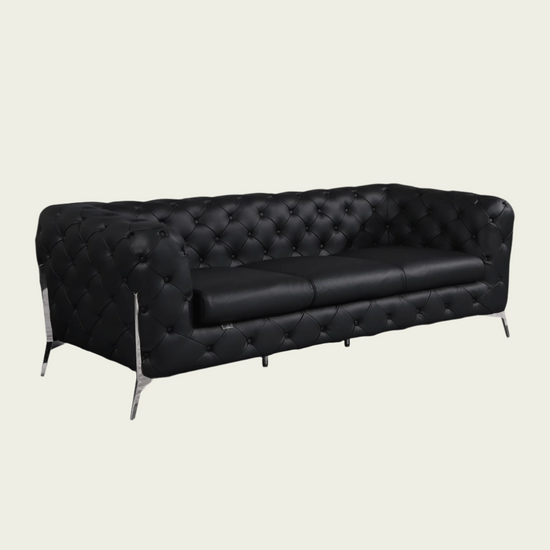  93" Authentic Italian Black Leather Sofa | Chesterfield Design | Deep Button Tufting | Low Profile