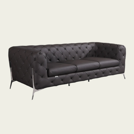 93" Authentic Italian Brown Leather Sofa | Chesterfield Design | Deep Button Tufting | Low Profile