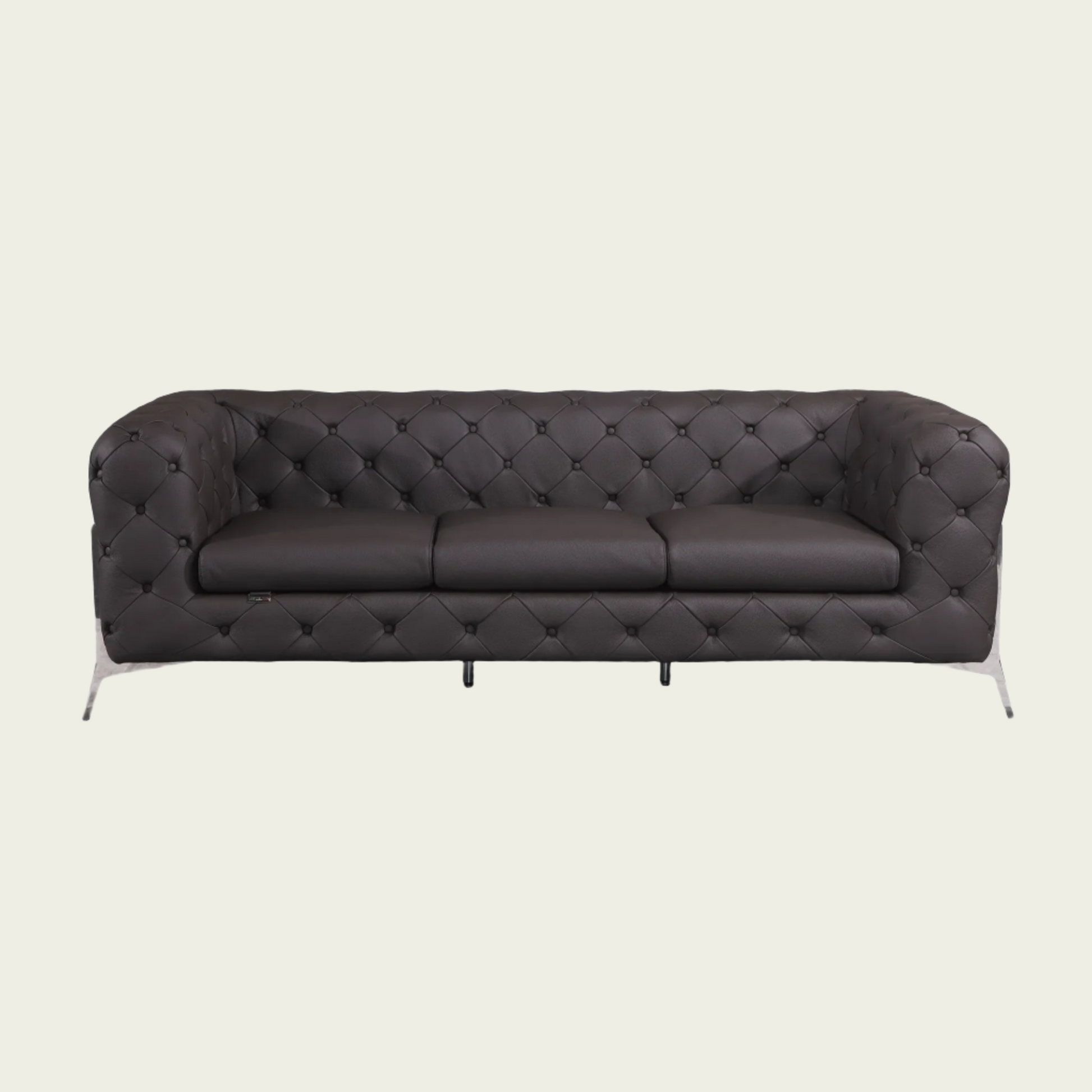  93" Authentic Italian Brown Leather Sofa | Chesterfield Design | Deep Button Tufting | Low Profile