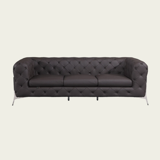  93" Authentic Italian Brown Leather Sofa | Chesterfield Design | Deep Button Tufting | Low Profile