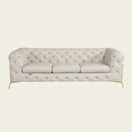  93" Authentic Italian Ivory Leather Sofa | Chesterfield Design | Deep Button Tufting | Low Profile