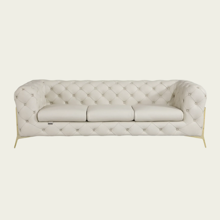 93" Authentic Italian Ivory Leather Sofa | Chesterfield Design | Deep Button Tufting | Low Profile