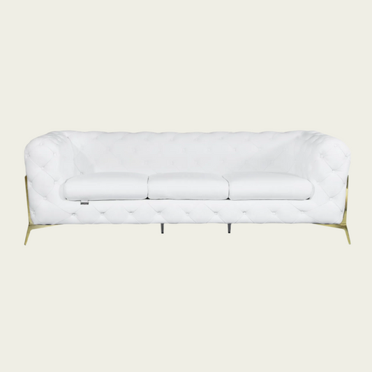  93" Authentic Italian White Leather Sofa | Chesterfield Design | Deep Button Tufting | Low Profile