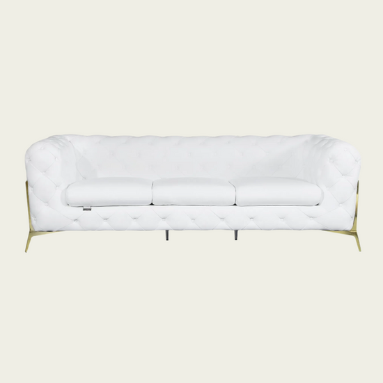  93" Authentic Italian White Leather Sofa | Chesterfield Design | Deep Button Tufting | Low Profile