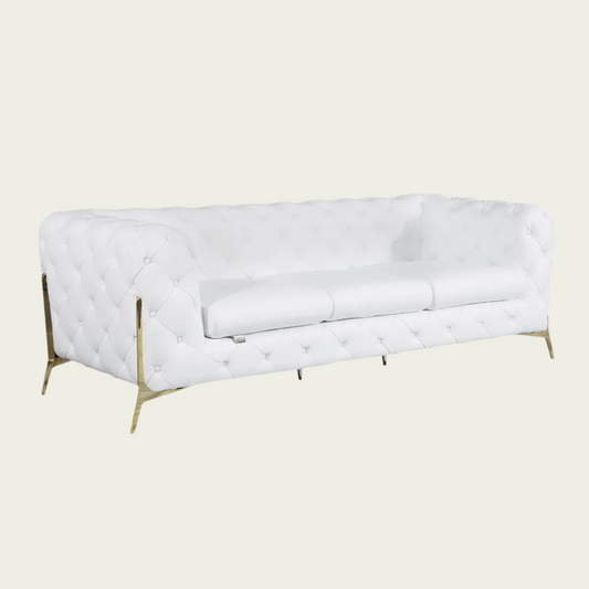  93" Authentic Italian White Leather Sofa | Chesterfield Design | Deep Button Tufting | Low Profile