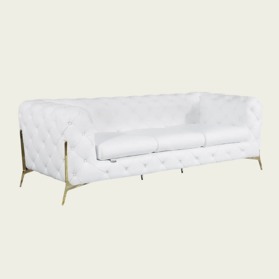  93" Authentic Italian White Leather Sofa | Chesterfield Design | Deep Button Tufting | Low Profile