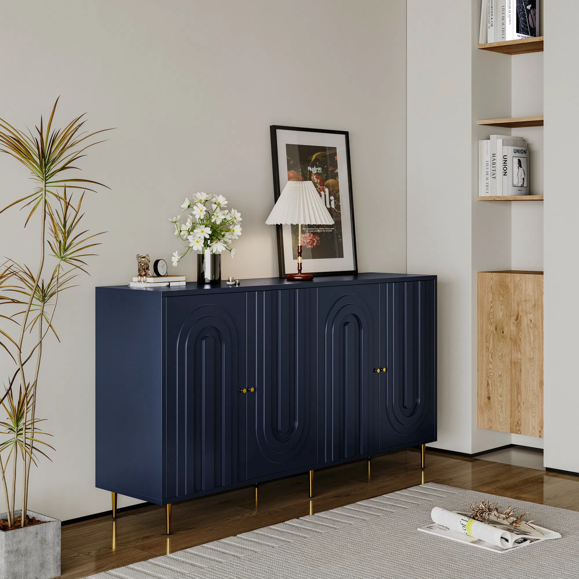 4 Door Blue Lacquered Wooden Storage Cabinet - Buffet Sideboard