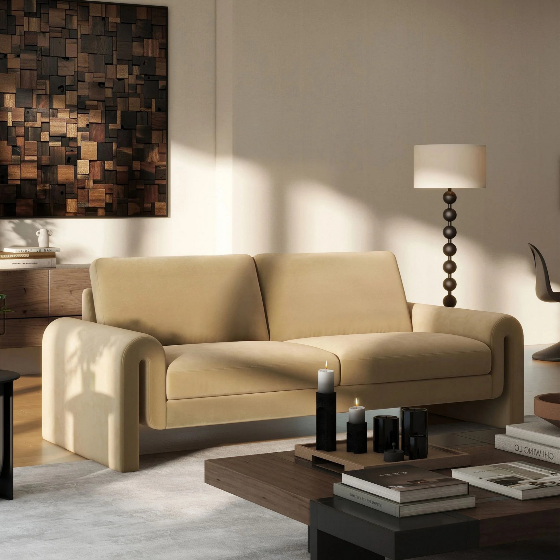 Arched armrest two-seater sofa | Velvet beige upholstery