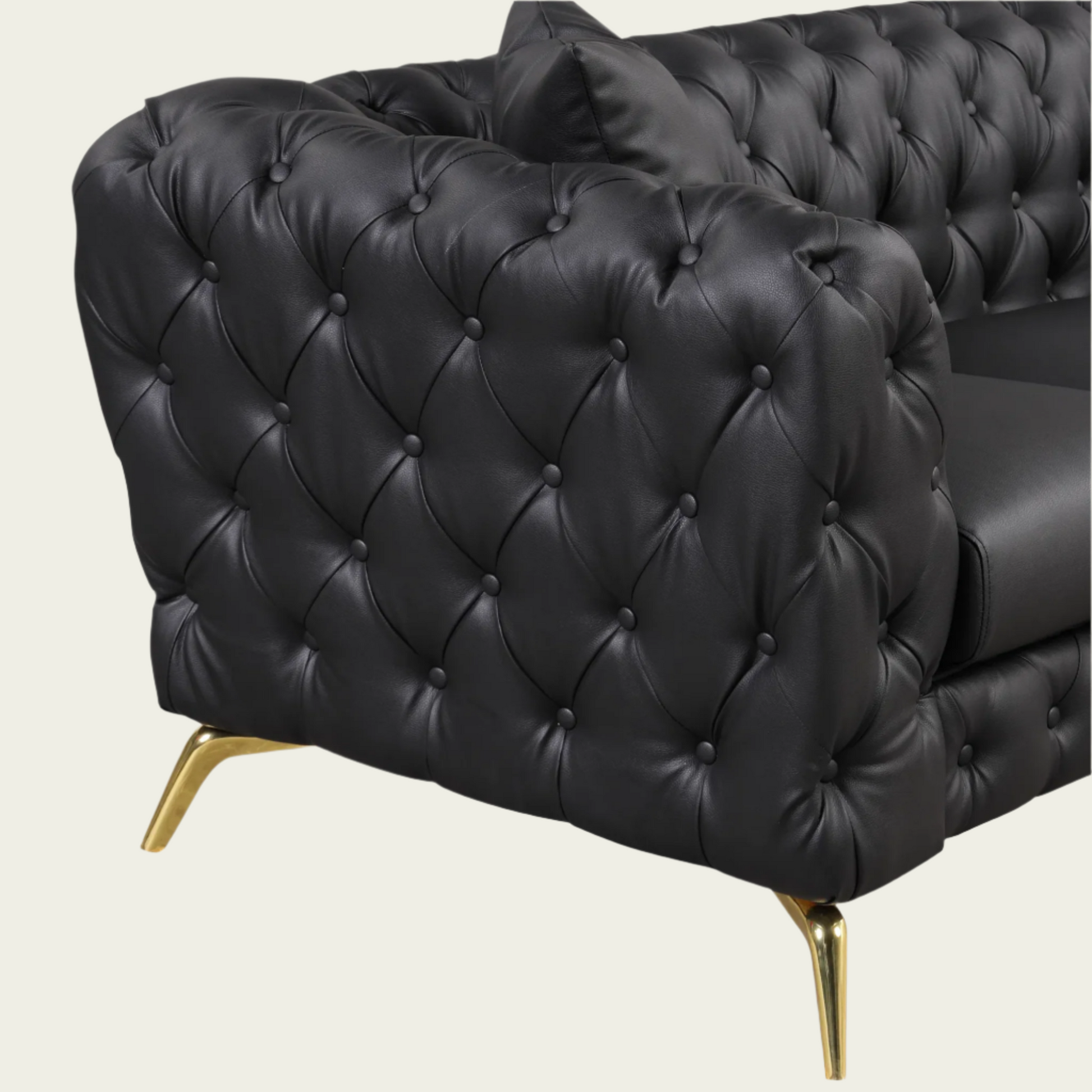 Black PU Leather Chesterfield armchair | Gold metal legs | pillow included