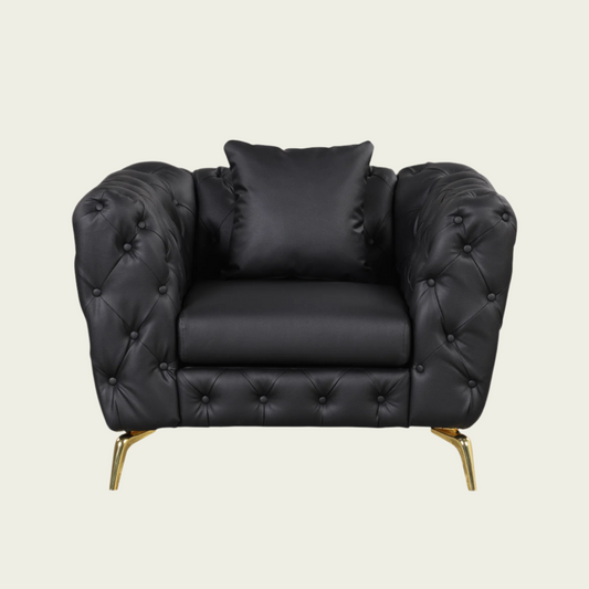 Black PU Leather Chesterfield armchair | Gold metal legs | pillow included
