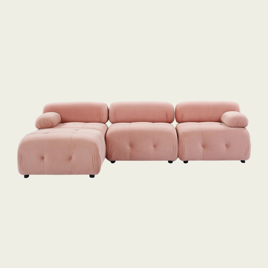 Button Tufted Cloud Sectional Sofa with Reversible Ottoman | Pink Velvet
