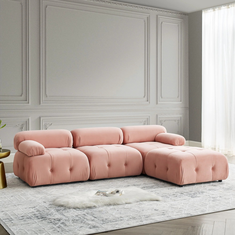 Button Tufted Cloud Sectional Sofa with Reversible Ottoman | Pink Velvet