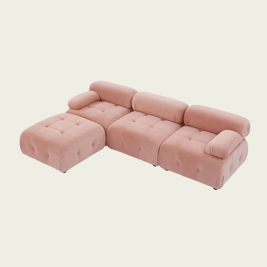 Button Tufted Cloud Sectional Sofa with Reversible Ottoman | Pink Velvet