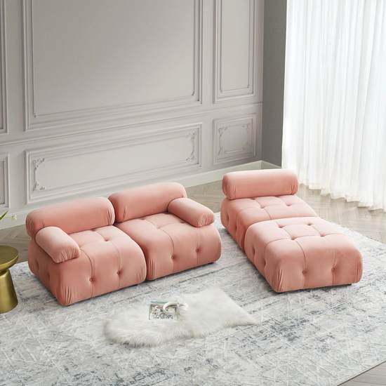 Button Tufted Cloud Sectional Sofa with Reversible Ottoman | Pink Velvet