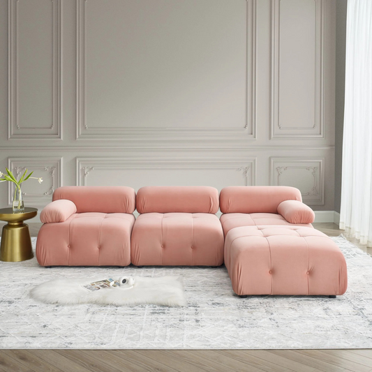 Button Tufted Cloud Sectional Sofa with Reversible Ottoman | Pink Velvet upholstery