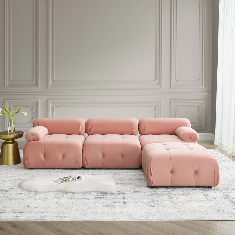 Button Tufted Cloud Sectional Sofa with Reversible Ottoman | Pink Velvet upholstery