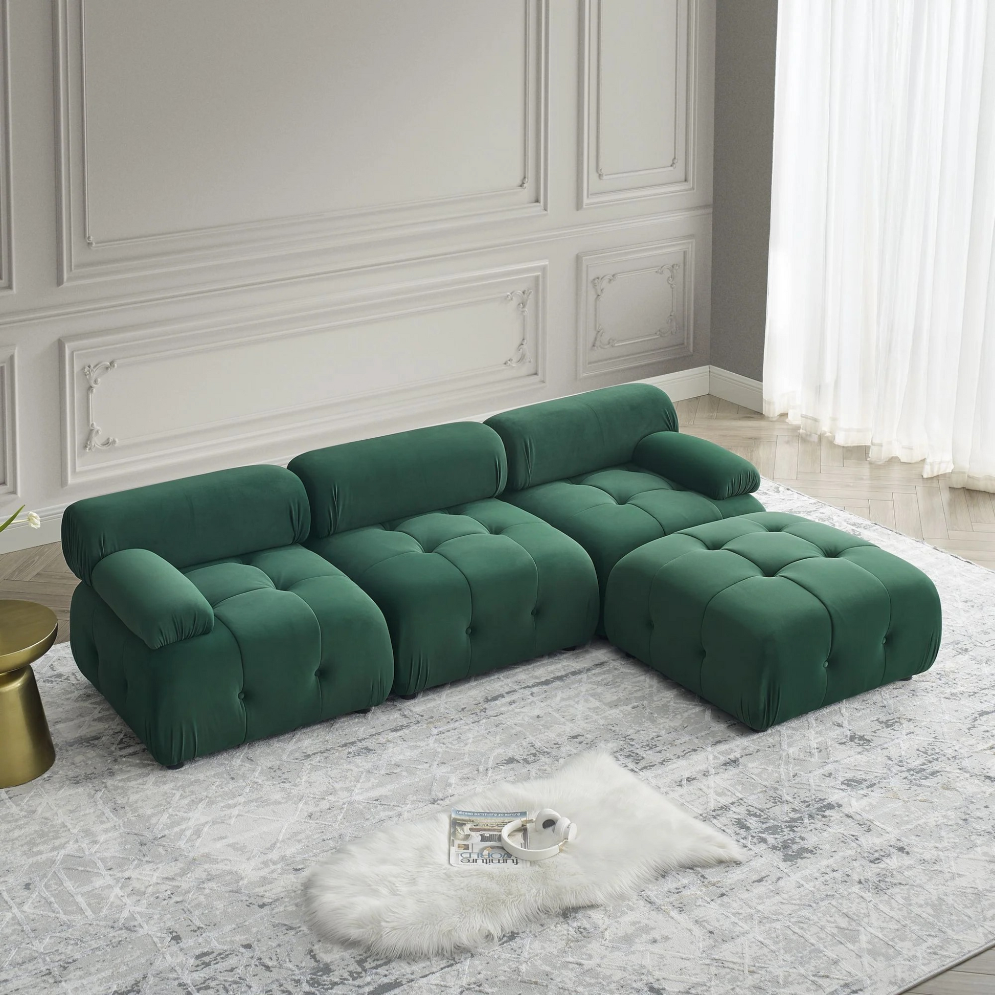  Button Tufted Modular Sectional Sofa with Reversible Ottoman | Green Velvet upholstery