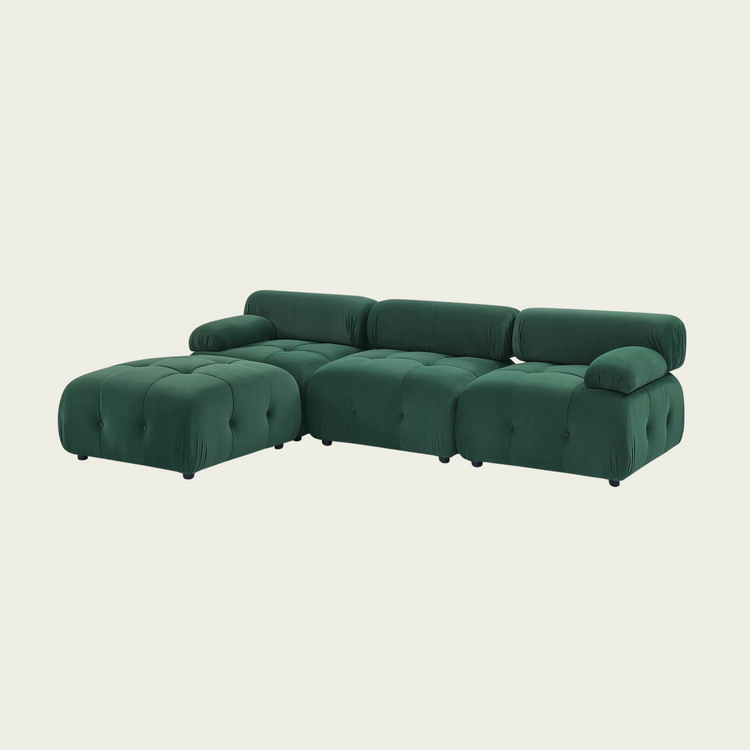  Button Tufted Modular Sectional Sofa with Reversible Ottoman | Green Velvet upholstery