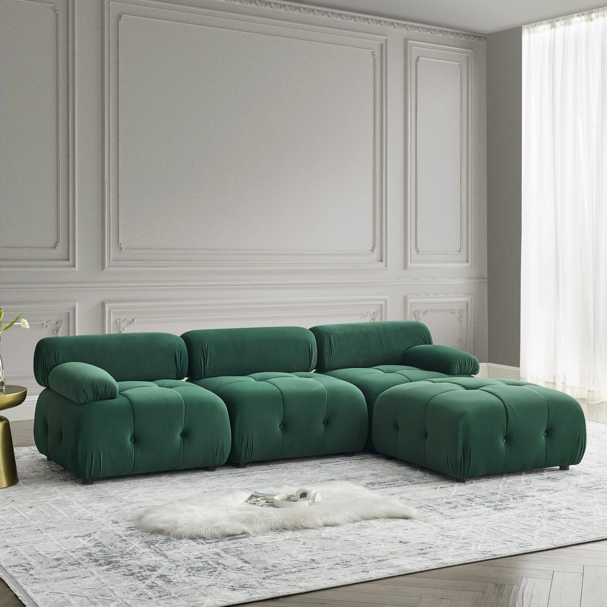  Button Tufted Modular Sectional Sofa with Reversible Ottoman | Green Velvet upholstery