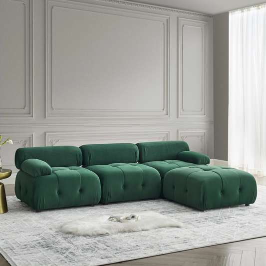  Button Tufted Modular Sectional Sofa with Reversible Ottoman | Green Velvet upholstery