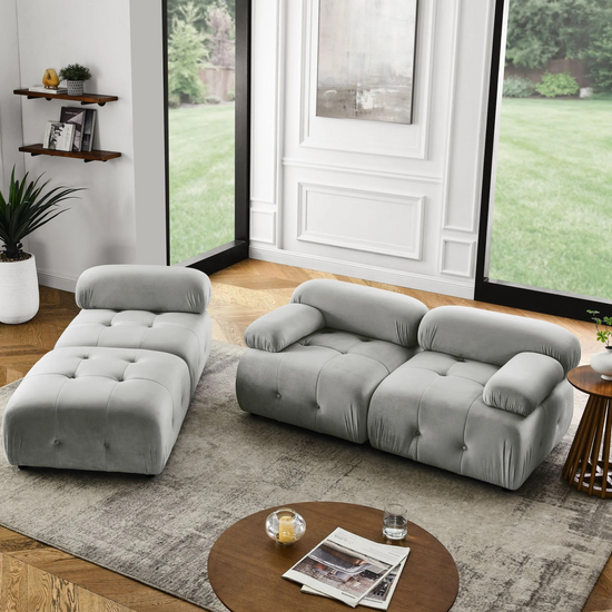  Button Tufted Modular Sectional Sofa with Reversible Ottoman | Grey velvet upholstery