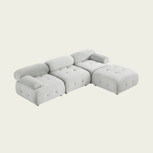 Button Tufted Modular Sectional Sofa with Reversible Ottoman | Grey velvet upholstery