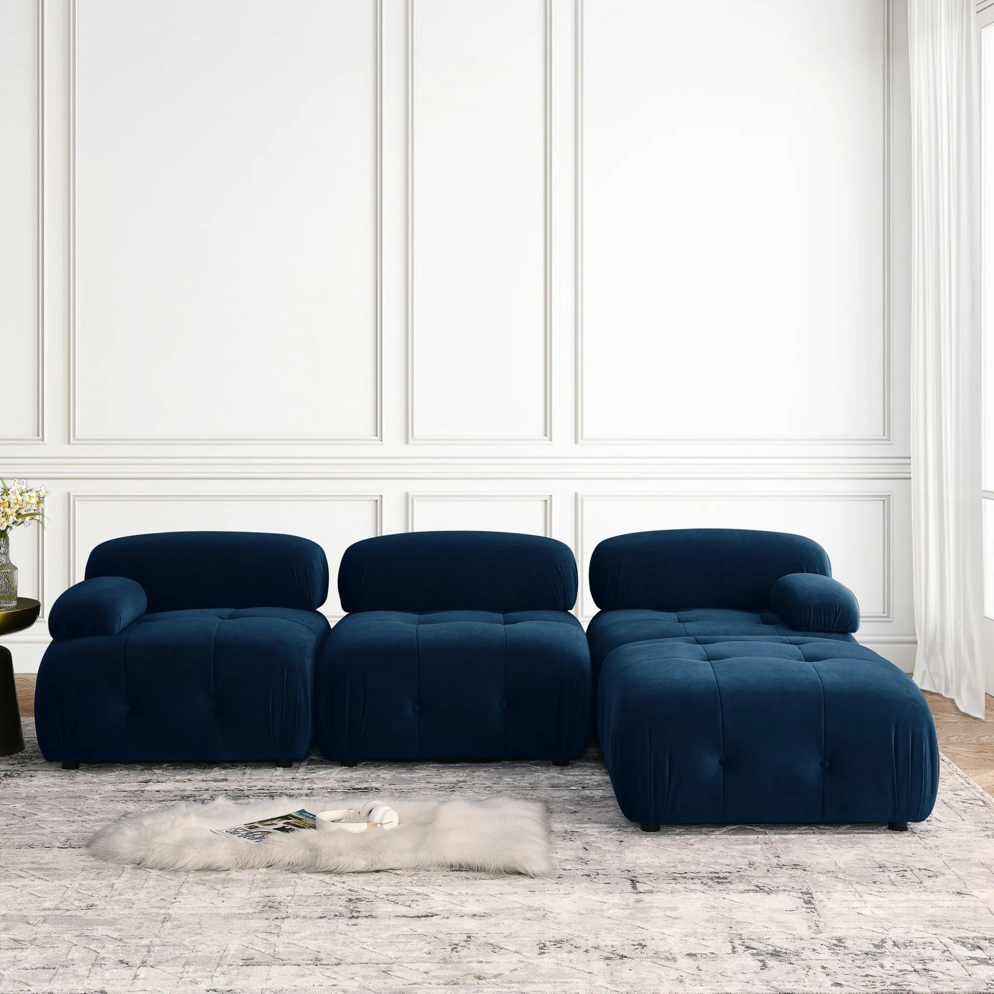 Button Tufted Modular Sectional Sofa with Reversible Ottoman | Navy Blue velvet upholstery
