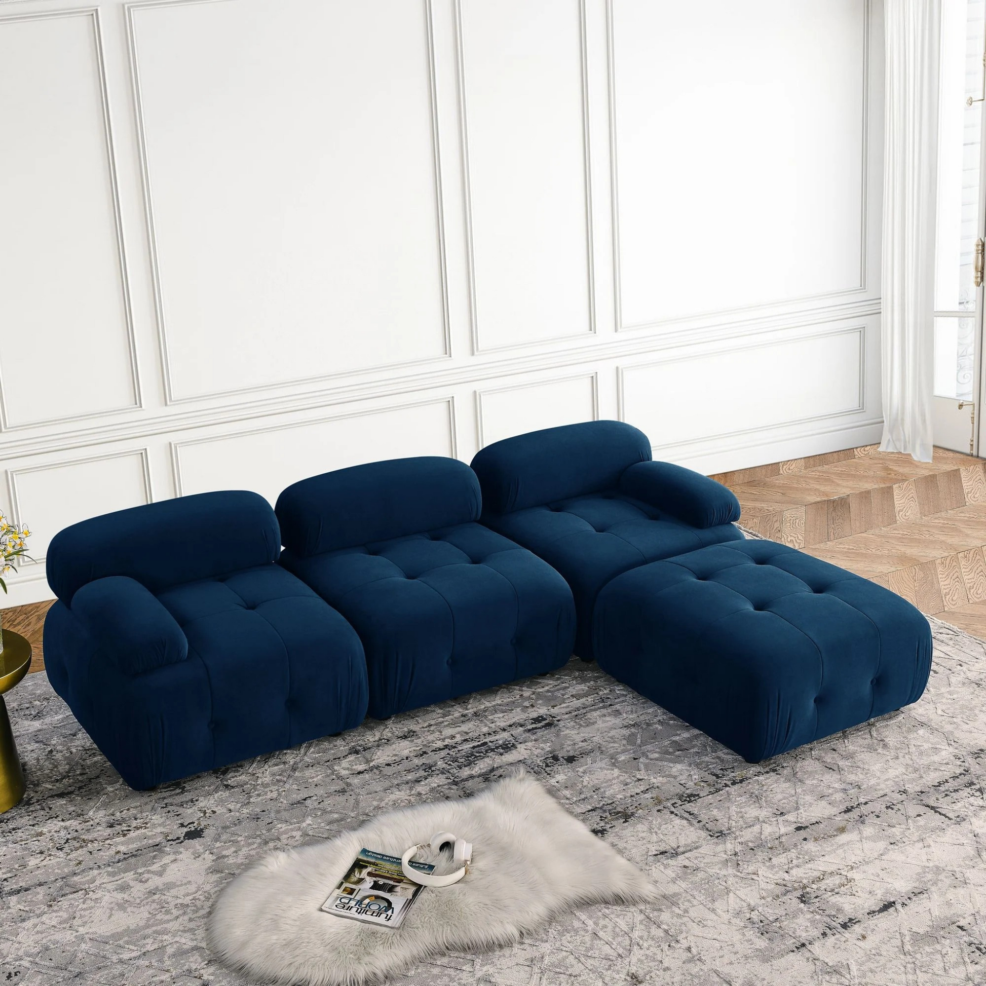  Button Tufted Modular Sectional Sofa with Reversible Ottoman | Navy Blue velvet upholstery