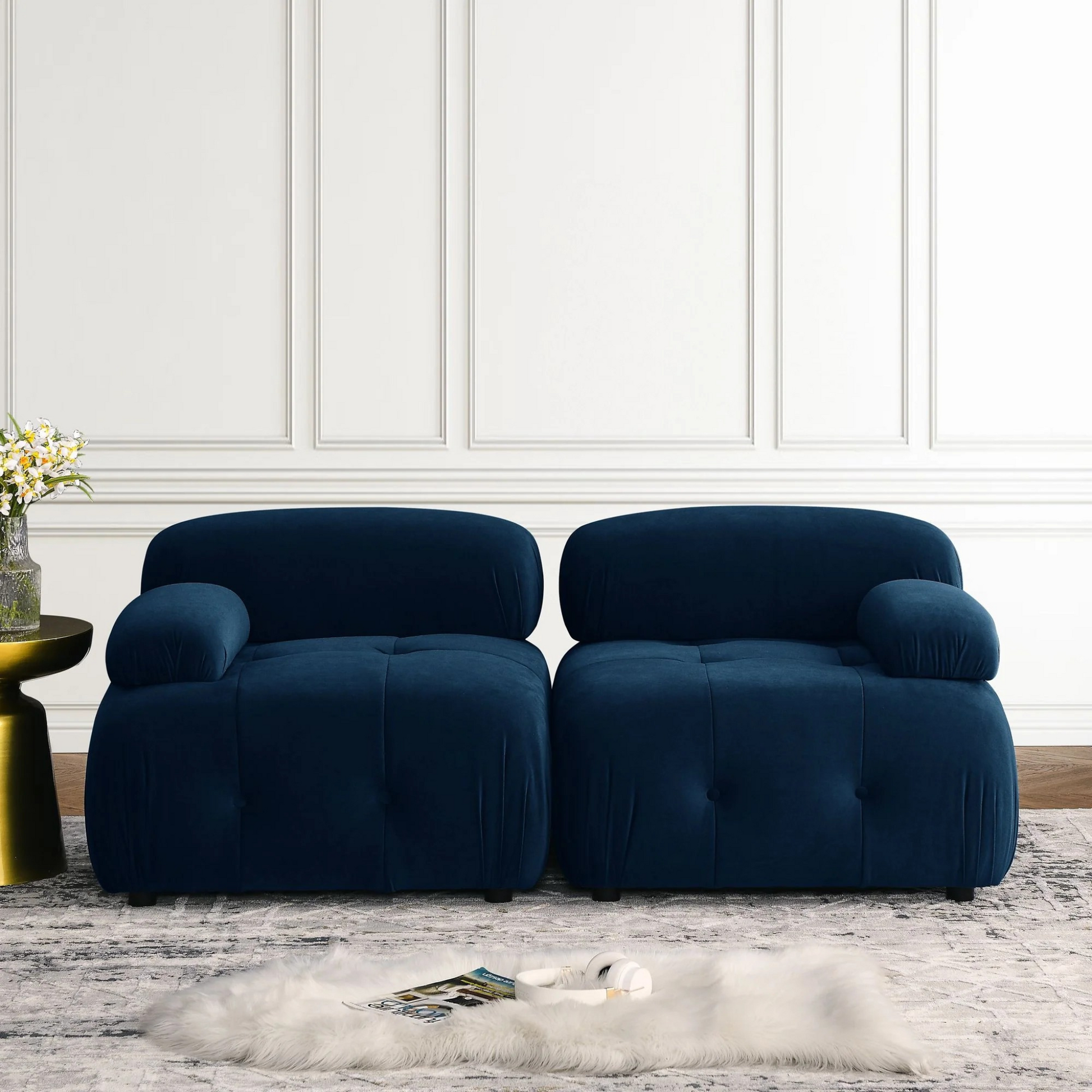  Button Tufted Modular Sectional Sofa with Reversible Ottoman | Navy Blue velvet upholstery