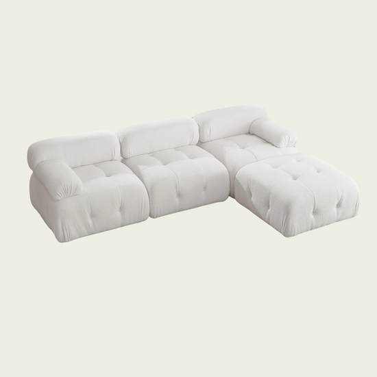  Button Tufted Modular Sectional Sofa with Reversible Ottoman | White teddy sherpa upholstery