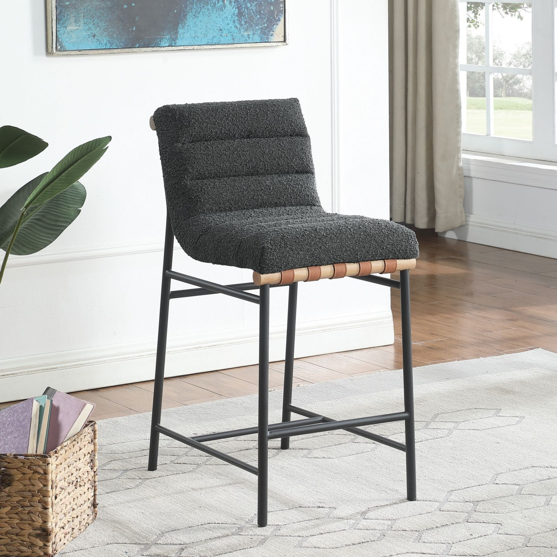   Lahni Dark Gray Bouclé Fabric Counter Height Chair | Horizontal Channel Back | Woven Leather Details