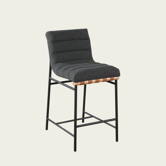   Lahni Dark Gray Bouclé Fabric Counter Height Chair | Horizontal Channel Back | Woven Leather Detai