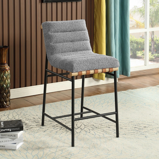 Lahni Dark Ligh Bouclé Fabric Counter Height Chair | Horizontal Channel Back | Woven Leather Details