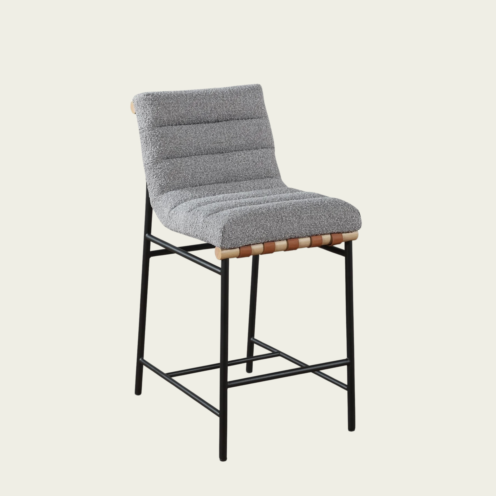 Lahni Dark Ligh Bouclé Fabric Counter Height Chair | Horizontal Channel Back | Woven Leather Details