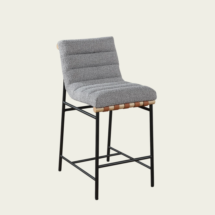 Lahni Dark Ligh Bouclé Fabric Counter Height Chair | Horizontal Channel Back | Woven Leather Details
