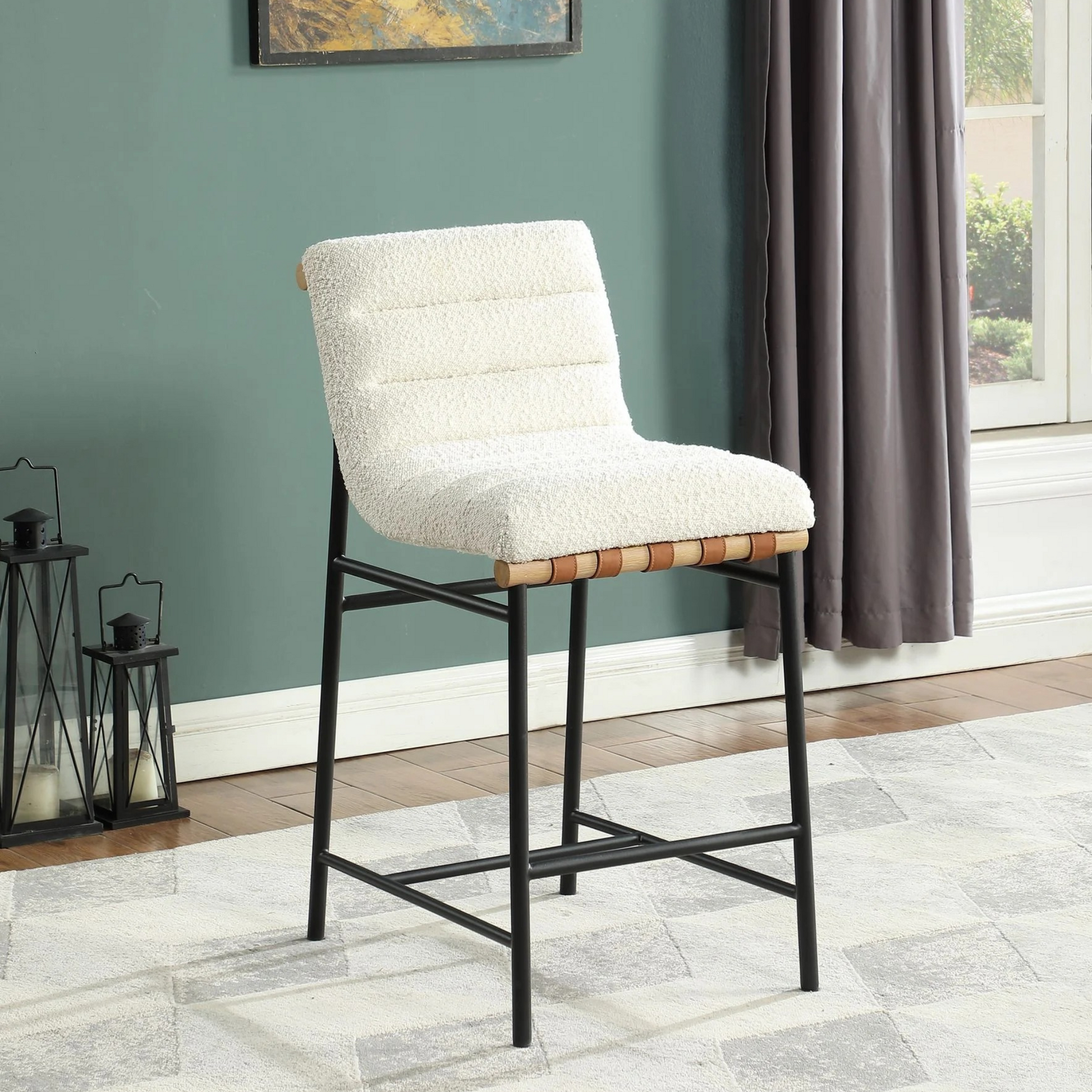 Lahni White Bouclé Fabric Counter Height Chair | Horizontal Channel Back | Woven Leather Details