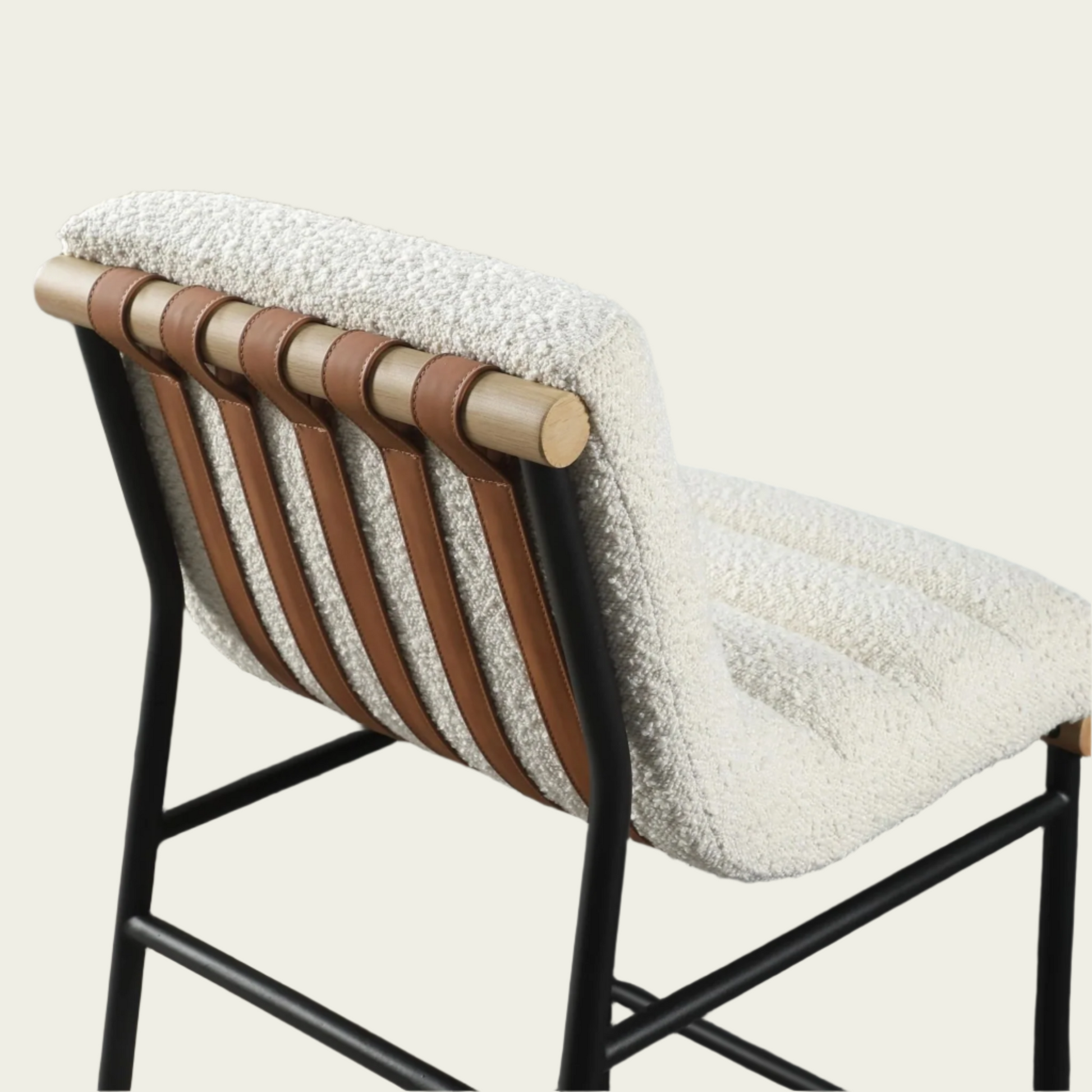 Lahni White Bouclé Fabric Counter Height Chair | Horizontal Channel Back | Woven Leather Details