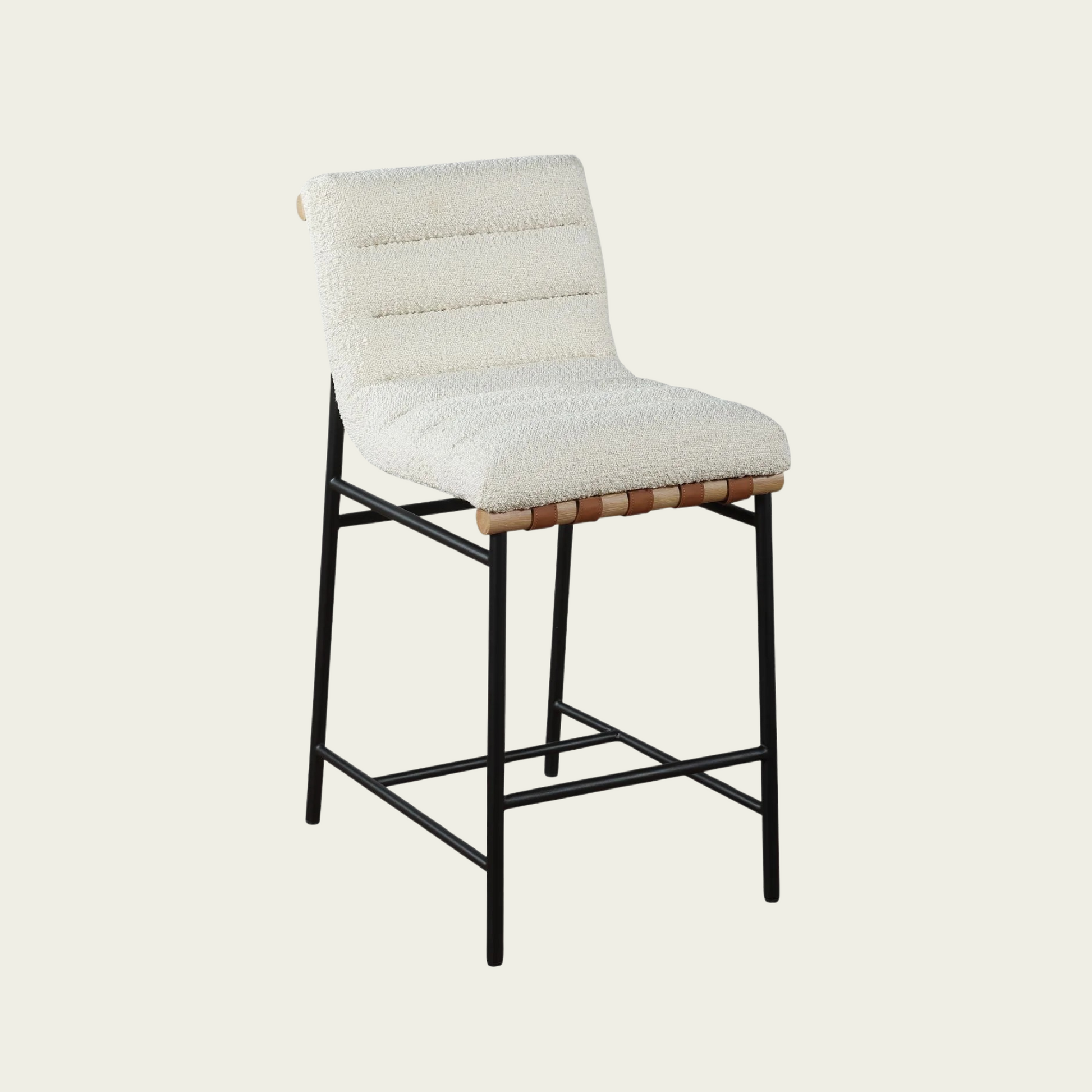 Lahni White Bouclé Fabric Counter Height Chair | Horizontal Channel Back | Woven Leather Details