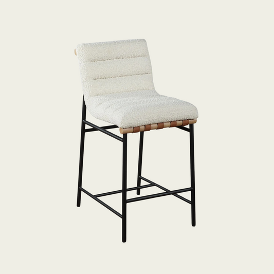 Lahni White Bouclé Fabric Counter Height Chair | Horizontal Channel Back | Woven Leather Details