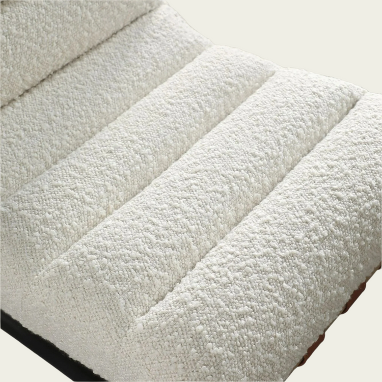 Lahni White Bouclé Fabric Counter Height Chair | Horizontal Channel Back | Woven Leather Details