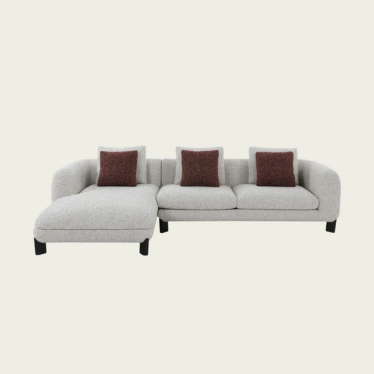 Low Backrest sctional sofa | Rounded Arms | Ivory Tweed Upholstery| 3 Back Cushions & accent pillows