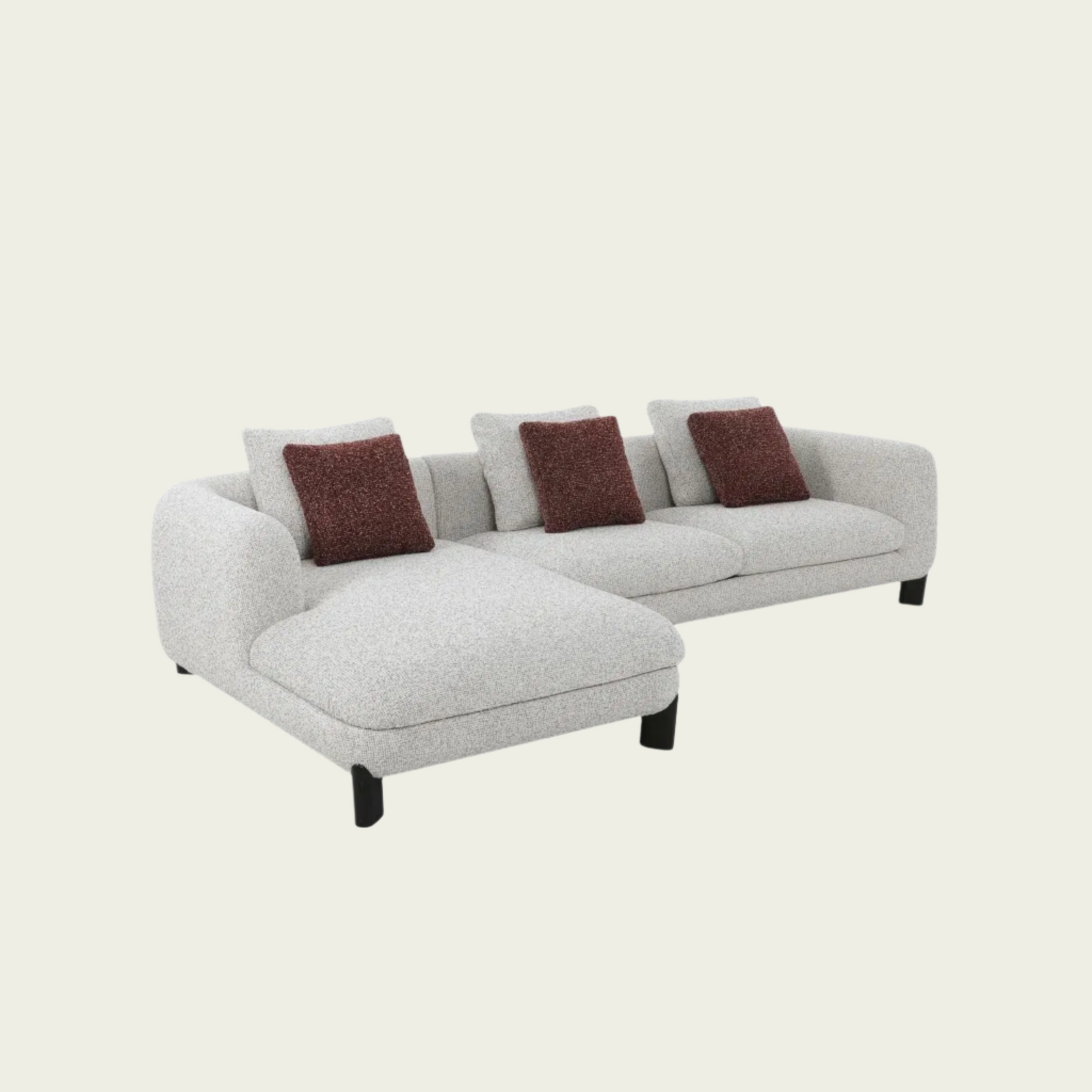 Low Backrest sctional sofa | Rounded Arms | Ivory Tweed Upholstery| 3 Back Cushions & accent pillows