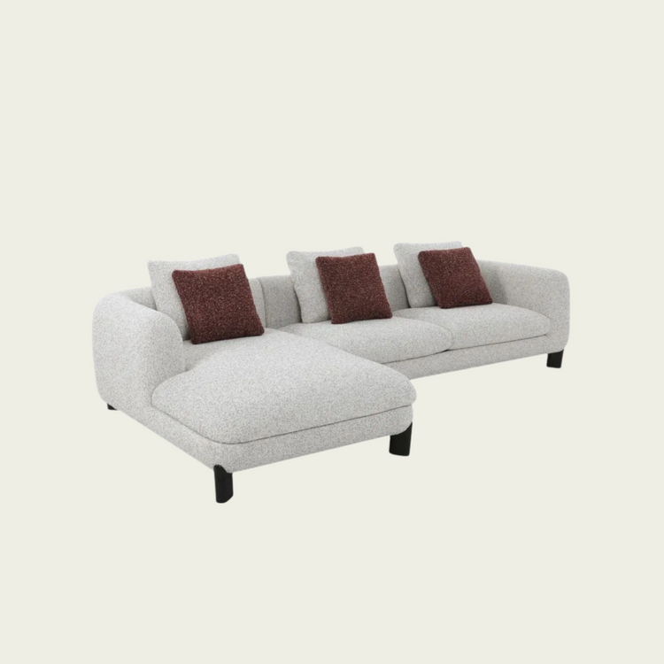 Low Backrest sctional sofa | Rounded Arms | Ivory Tweed Upholstery| 3 Back Cushions & accent pillows