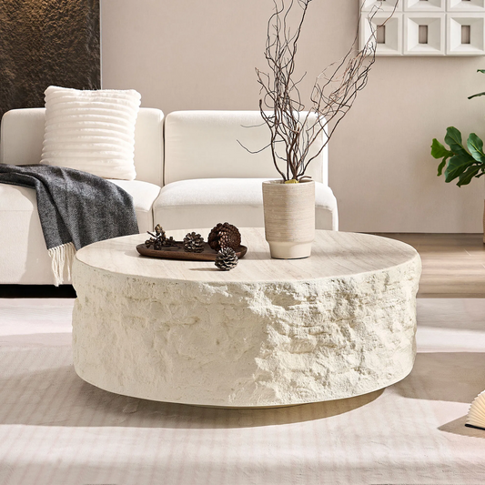 Low Round Ivory Coffee Table | Fiberglass Textured Stone-Like imitation | Cylindrical Base