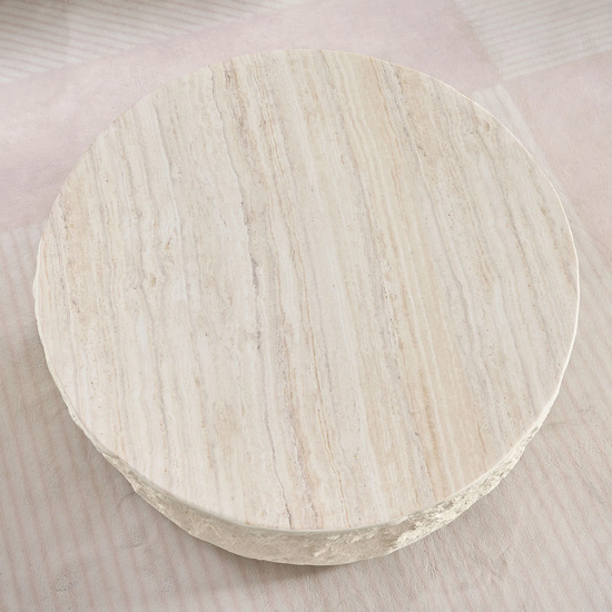 Low Round Ivory Coffee Table | Fiberglass Textured Stone-Like imitation | Cylindrical Base