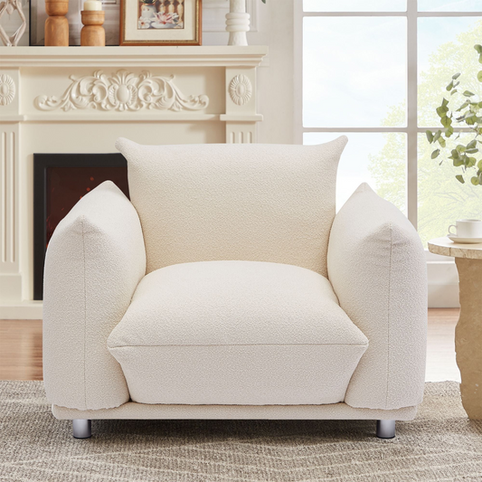 Mid-Century Modern 1 seat armchair| White lambswool sherpa Upholstery| Extra Deep Seat & metal legs 