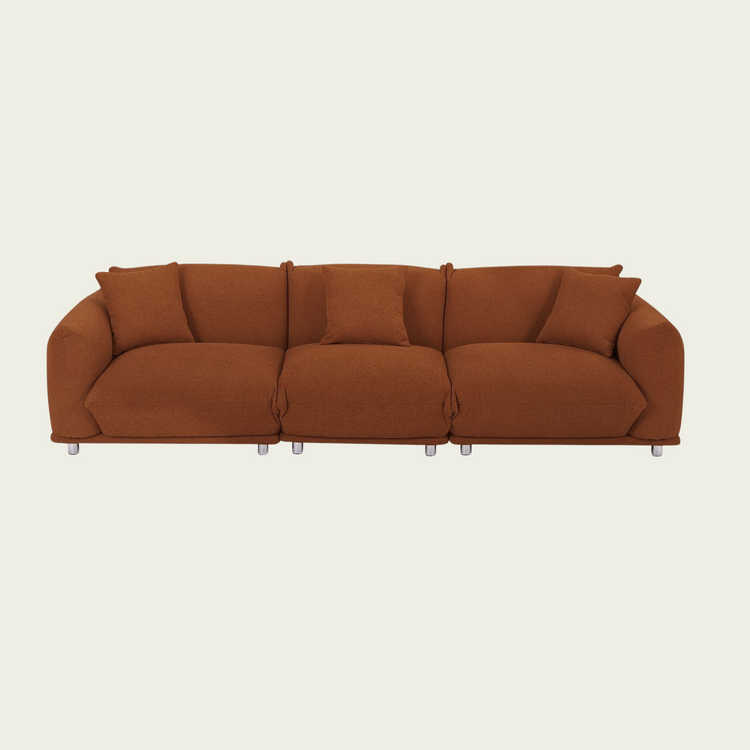 Mid-Century Modern 3-Seater Couch | Orange Boucle Upholstery | Extra Deep Seat | metal legs 