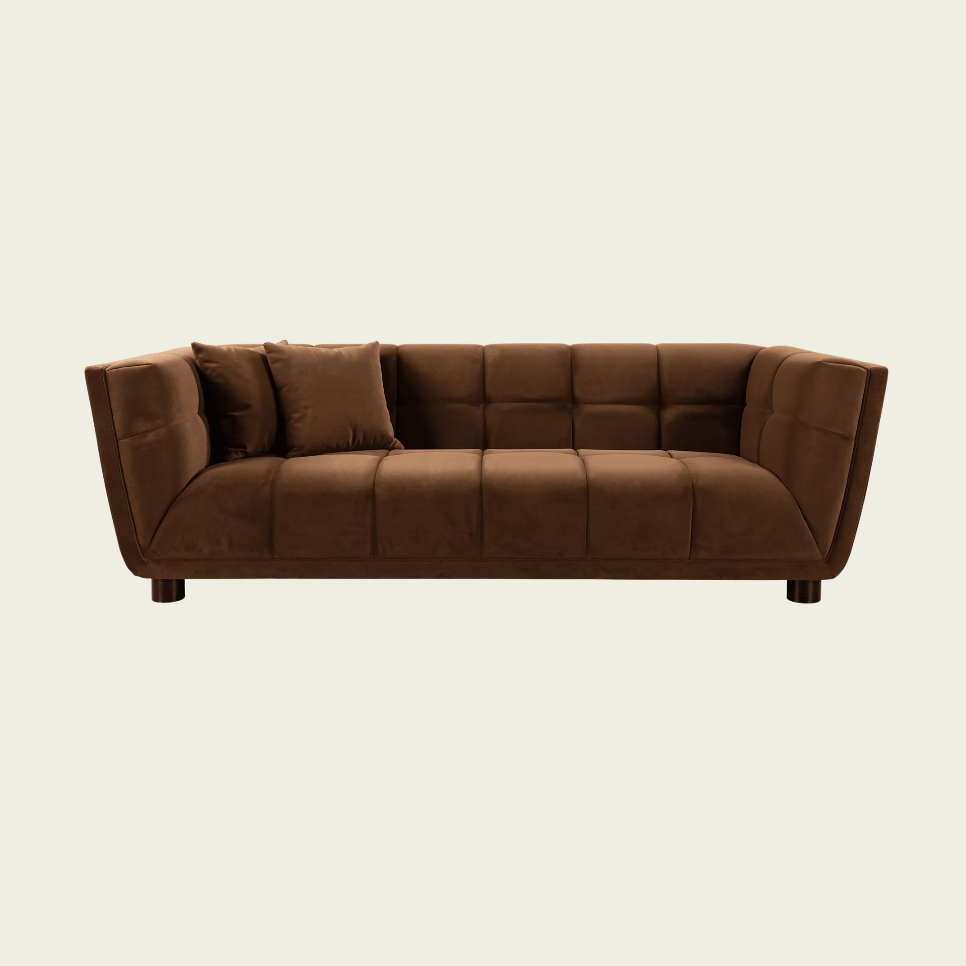 Mid-century modern Sofa | square tufted back and seating | Retro style Brown velvet 