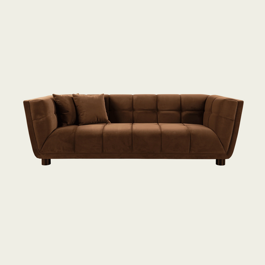 Mid-century modern Sofa | square tufted back and seating | Retro style Brown velvet 